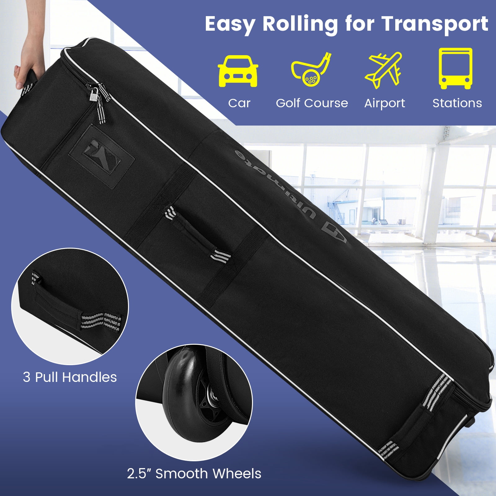 Patiojoy Golf Travel Bag with Wheels Portable Golf Club Travel Bag with 3 Pull Handles Smooth Zipper Name Card Holder