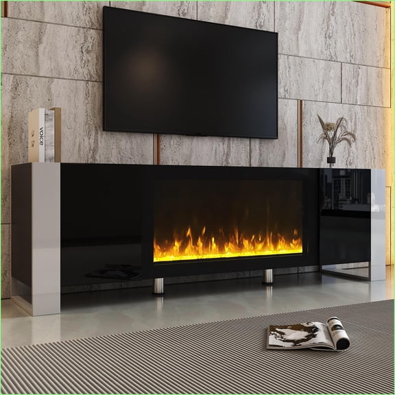 TV Furniture Modern Black Entertainment Center with 34.2'' Electric Fireplace, 2 Cabinets for TVs up to 78'' | Black | Modern