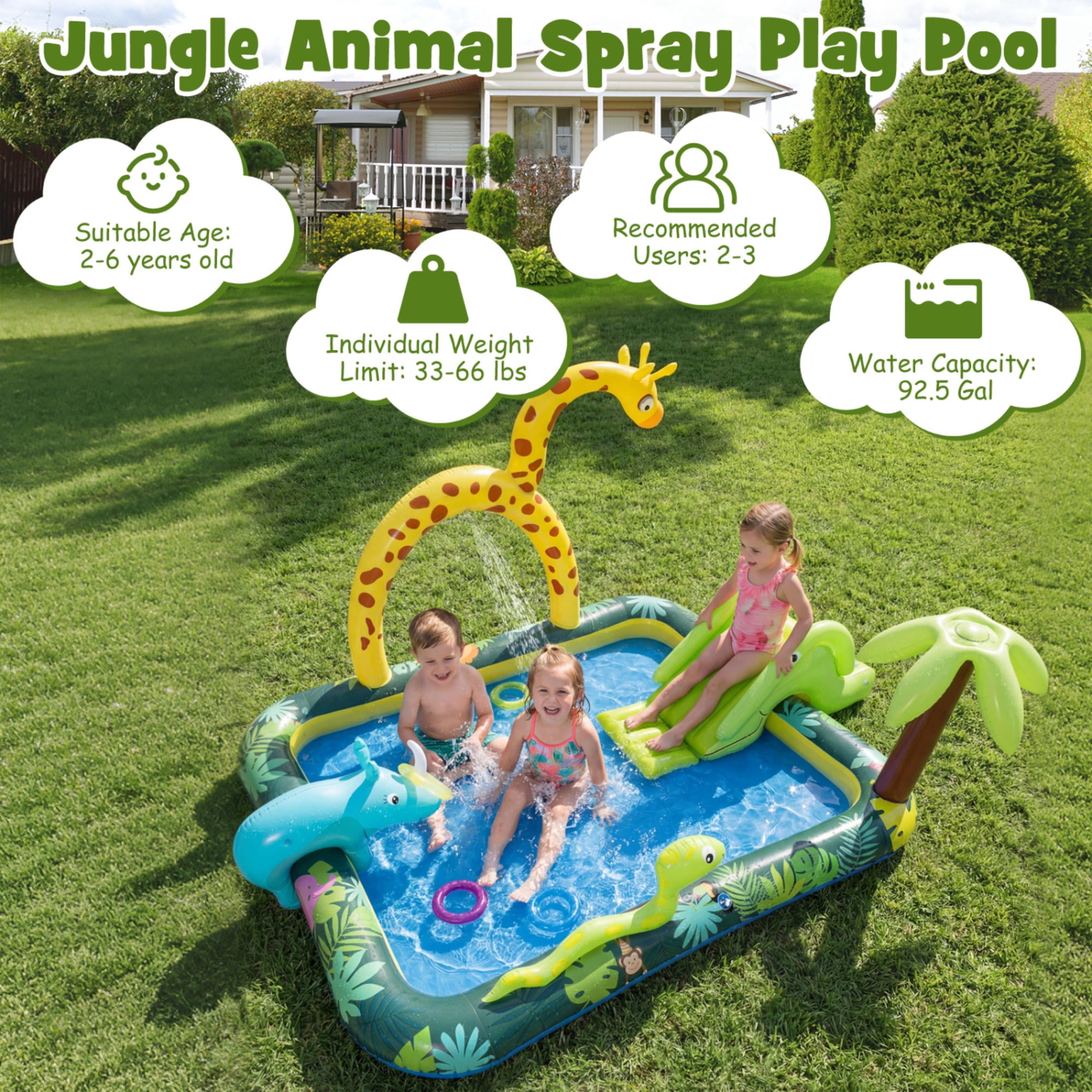 Inflatable Jungle Animal Spray Pool Play Center with Slide & Giraffe Sprinkler, Outdoor Kids Water Pool for Toddlers 2-6, Backyard Summer Water Fun