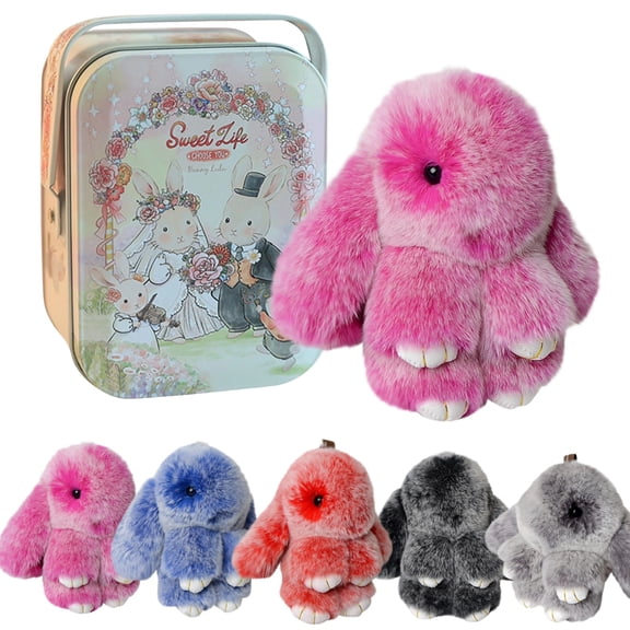 Bunny Keychain with Tin - 5.8" Handmade Soft Plush Rabbit Charm, Cute Gifts for Women & Teens