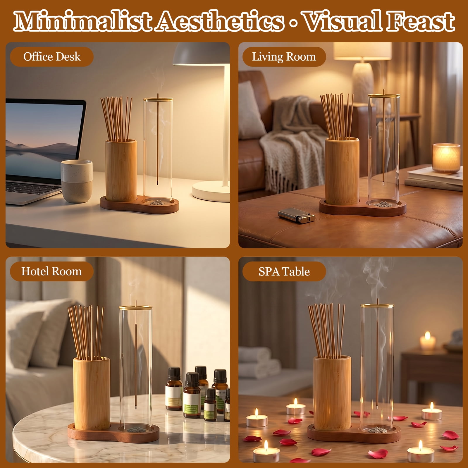 Grusce Wooden Upside Down Incense Holder Elegant Incense Stick Burner Holder with Ash Catcher for Home Office Yoga Living Room