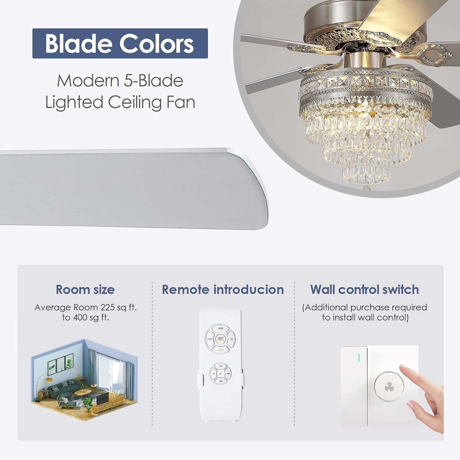 PHORUS 52'' Modern Crystal Ceiling Fan with Lights Remote Control,5 Blades Fandelier Ceiling Fan with Light,Whisper-Quiet Motor,Elegant Chandelier Fan for Living Room,Silver