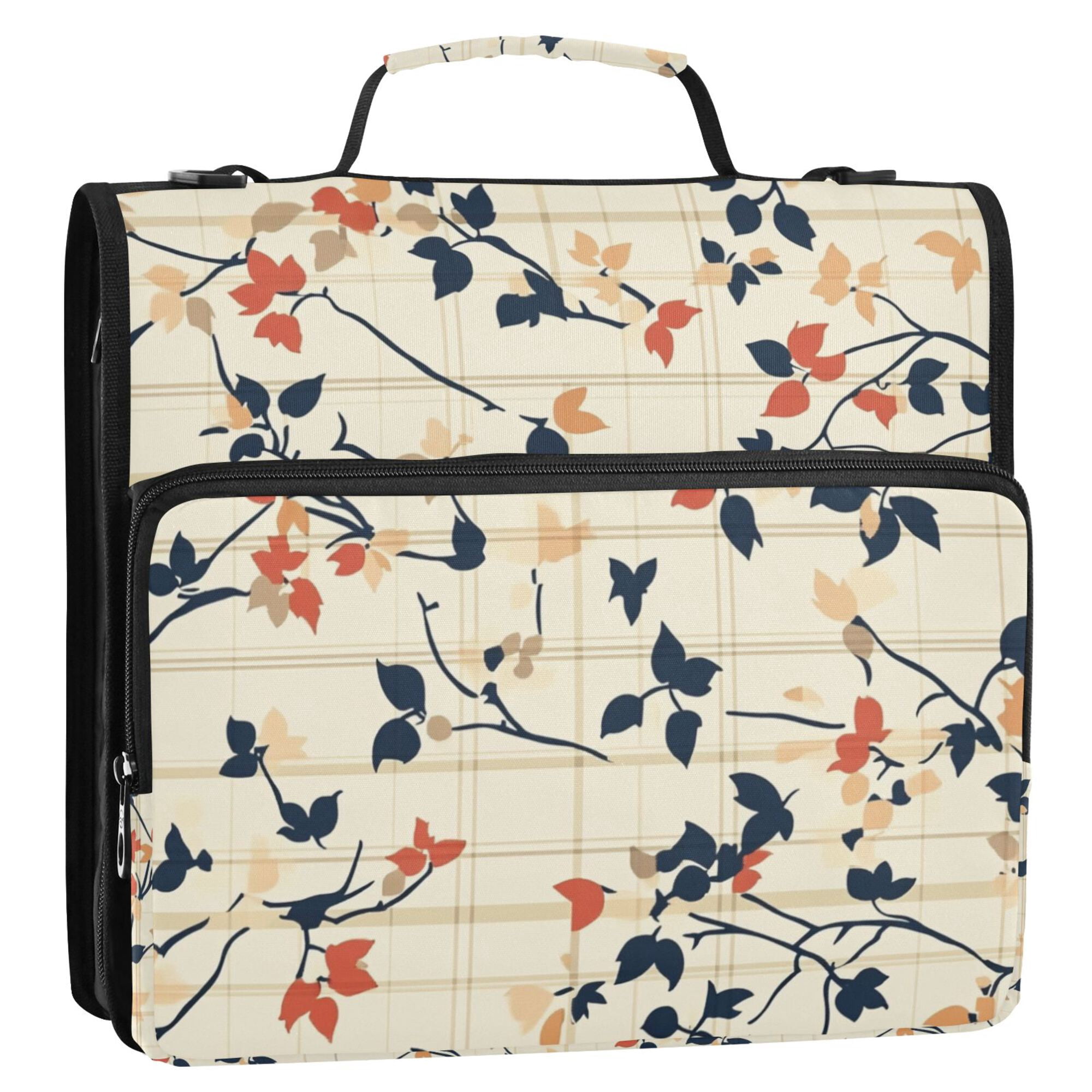 FORMRS Zipper Binder with Shoulder Strap 2-inch Ring 500 Sheet Capacity File Bag, Beige Leaves Plaid