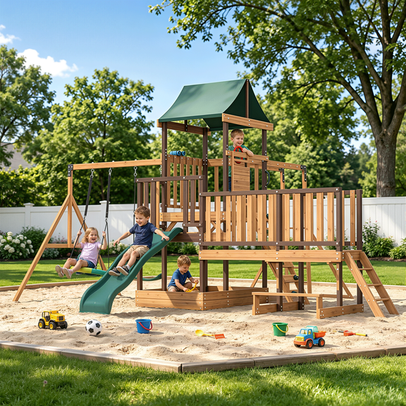 BUPPLEE Wooden Swing Set with Playhouse, Slide and Monkey Bars, Outdoor Backyard Playset for Kids