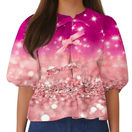 SHTXOZHI Womens Lace Up Front Tops Summer Print Babydoll Shirts Puff Sleeve Cute Blouses 2024