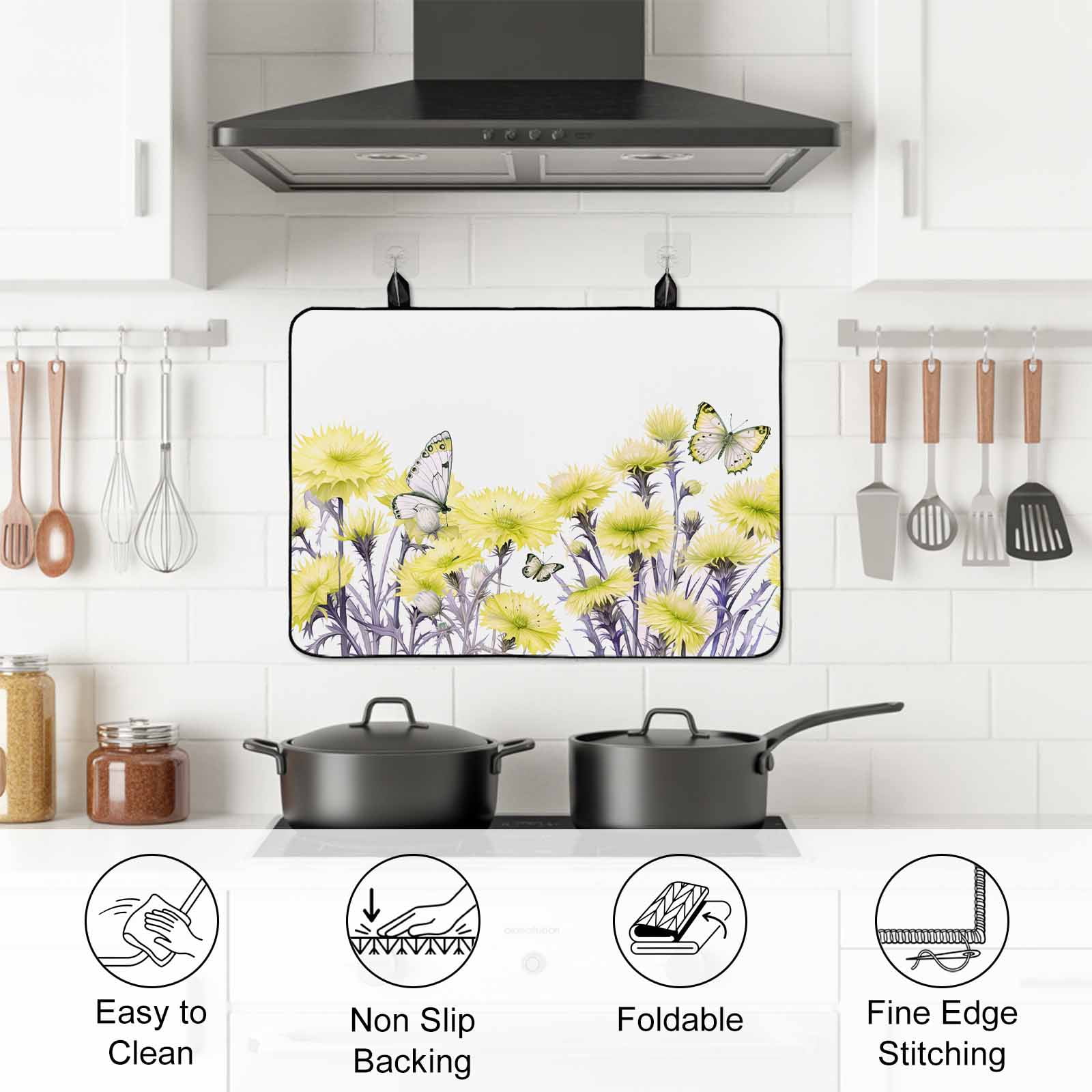Yellow Spring Floral Stove Top Cover for Electric Stove, Heat-proof & Non Slip Glass Top Stove Cover Protector, Watercolor Summer Botanical Elegant Kitchen Flat Cooktop Rubber Mat 24x21 Inches