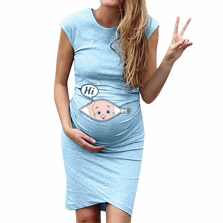 Edvintorg Cute Maternity Dresses For Pregnant Women Clearance Sleeveless  Medium Long Cartoon Printed Round Neck Pregnant Dress Summer Casual Pregnancy  Clothes 