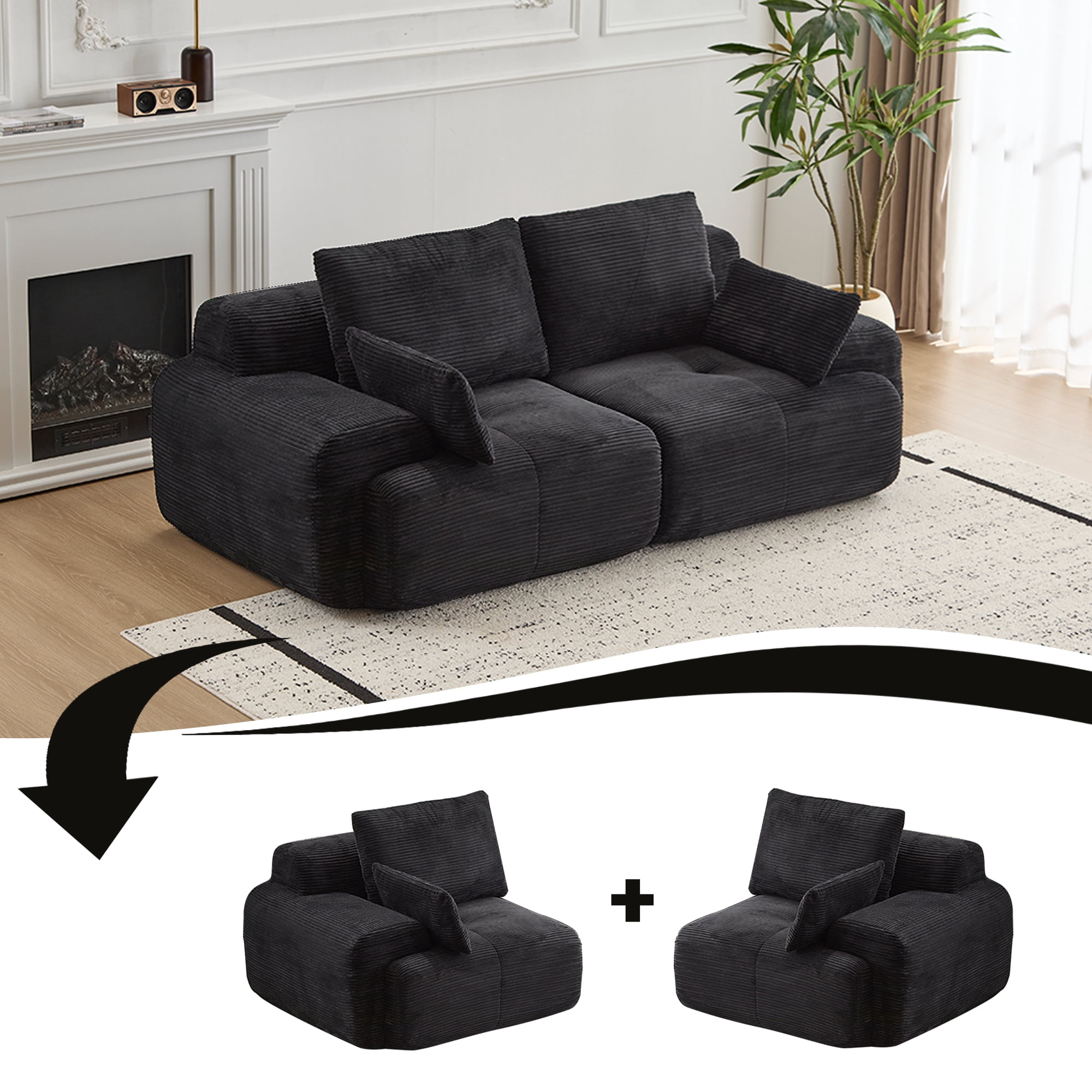 Miniyam 84" Corduroy Modular Sofa Couch with Cushions, Convertible Sectional Seating for Living Room, 1200 lbs Capacity, No Assembly, Black
