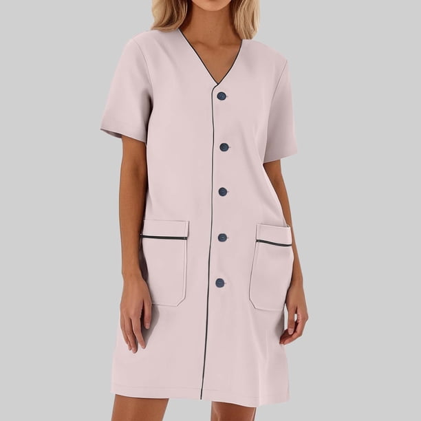 WILLBEST Vestidos Para Mujer Bata De Laboratorio Blanca De Manga Corta Suelta De Color Liso Para Mujer