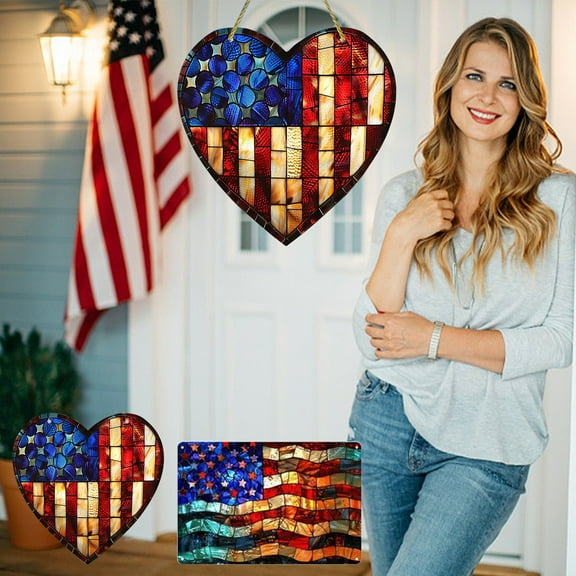 GFHFTJ 4Th Of July Door Hanging Decorations, Patriotic Heart Glazed Styles Americans Flag Welcome Large Size Hanging Sign Front Door Decor for Independence Day Party Home Wall Decor