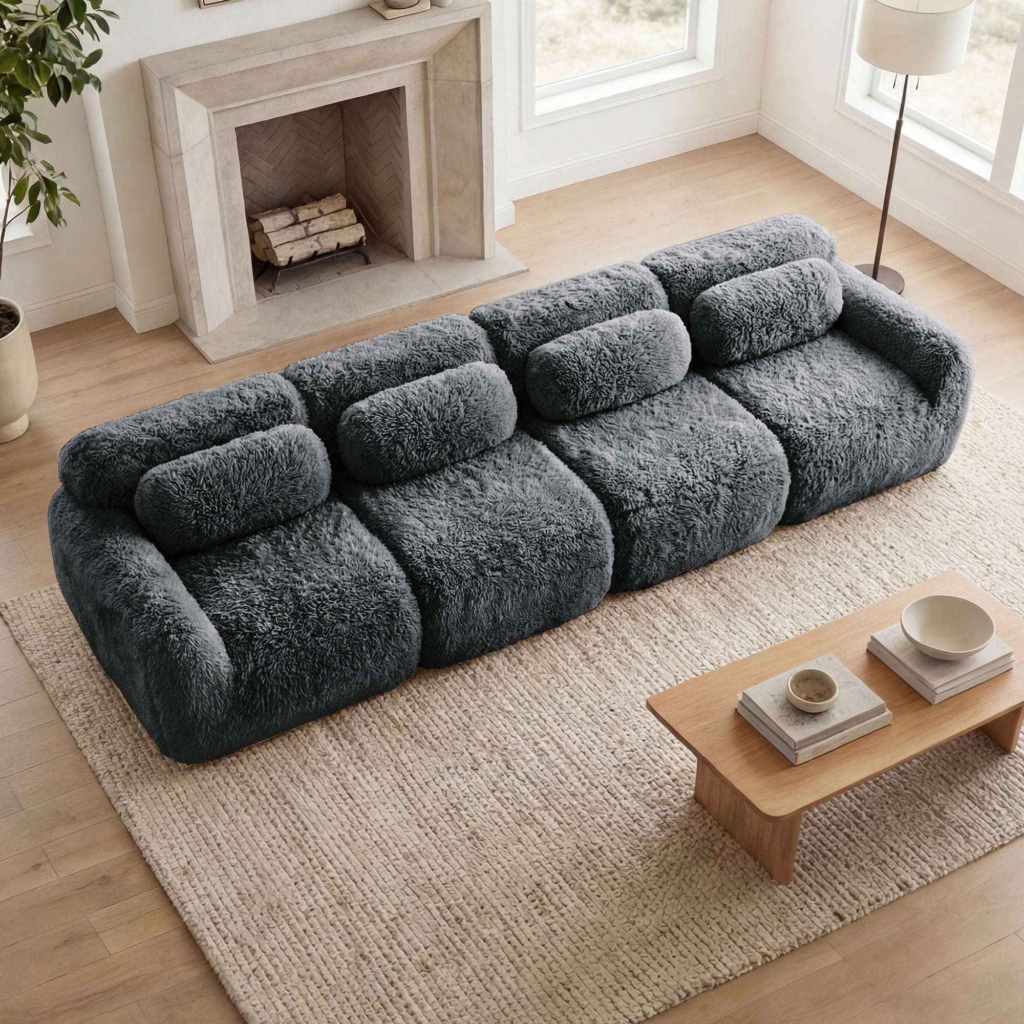 MAYEERTY 149" Plush Boneless Sofa, Gray 32D Foam Ergonomic Vacuum Compression Buckle Connection Free Combination Couch for Bedroom Study