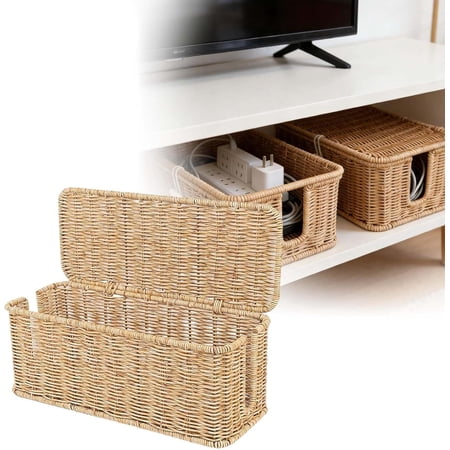 Natural Rattan Cable Management Box for Power Strips Decorative Cord Hider Basket