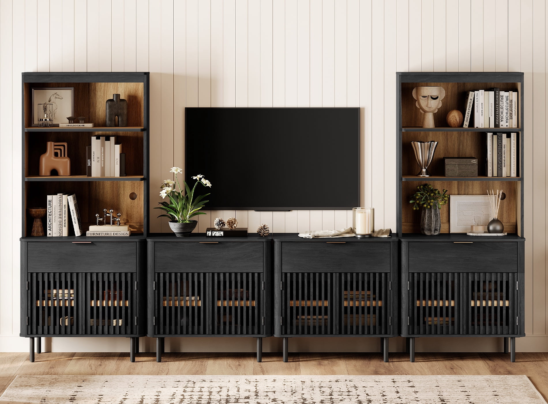 WAMPAT 72.8" Tall Bookshelf with Doors and Drawers, Modern Bookcase with Storage, Adjustable Shelves, Wood Storage Cabinet, Black