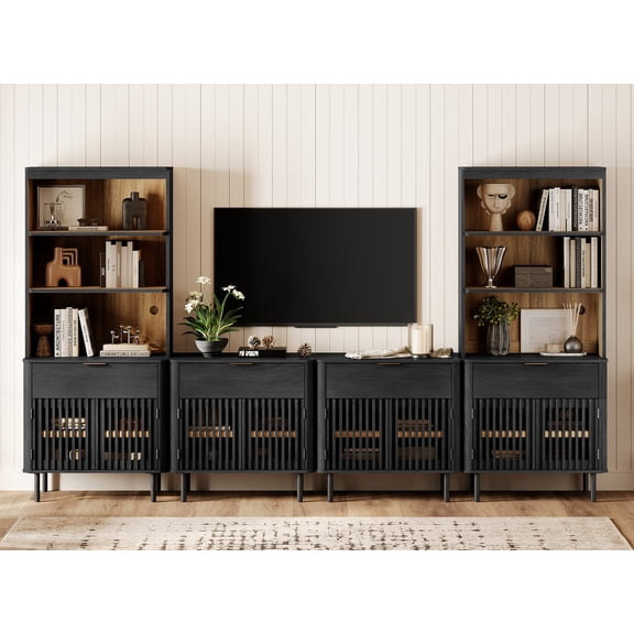 126" W Media Center with Bookcases – TV Stand for TVs Up to 75",Black