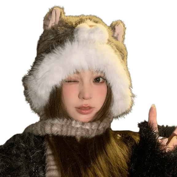 Cartoon Kitten Hat with Earflap for Headwear Thicken Haired Hat Oversized Headgear Hat for Winter