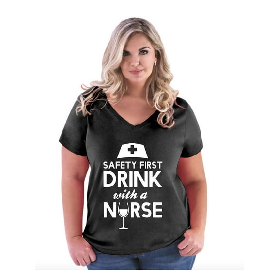 Women's Plus Size V-neck T-Shirt - Safety First With A Nurse