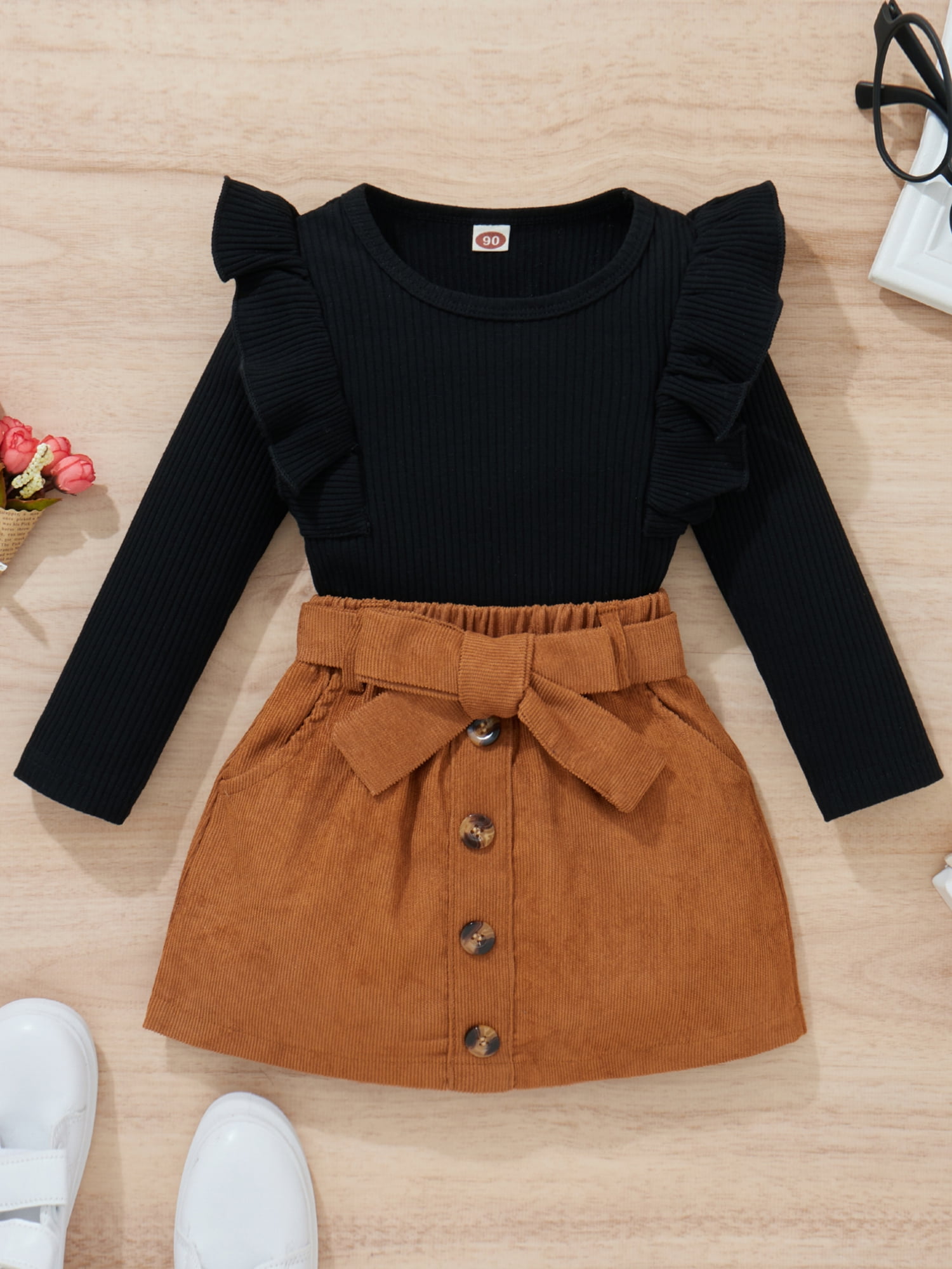 2-piece Toddler Girl Floral Print Long-sleeve Tee and Button Design Brown Skirt Set