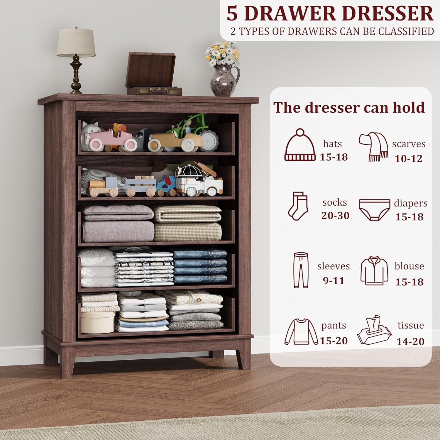 QinaQin 5 Dresser for Bedroom,Vertical Drawer Dresser with Large Storage,Freestanding Wooden Closet Chest for Bedroom,Living Room,Brown