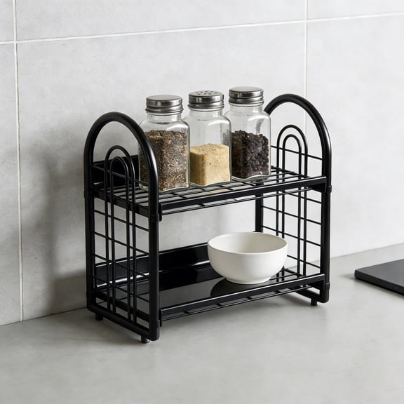 HEWANG Simple Double Layer Desktop Storage Rack, Desk Mini Bookshelf Organizer, 2 Tier Hollow Tabletop Shelf for Office Dormitory, Sturdy Desktop Storage Shelf with Minimalist Des (Black)