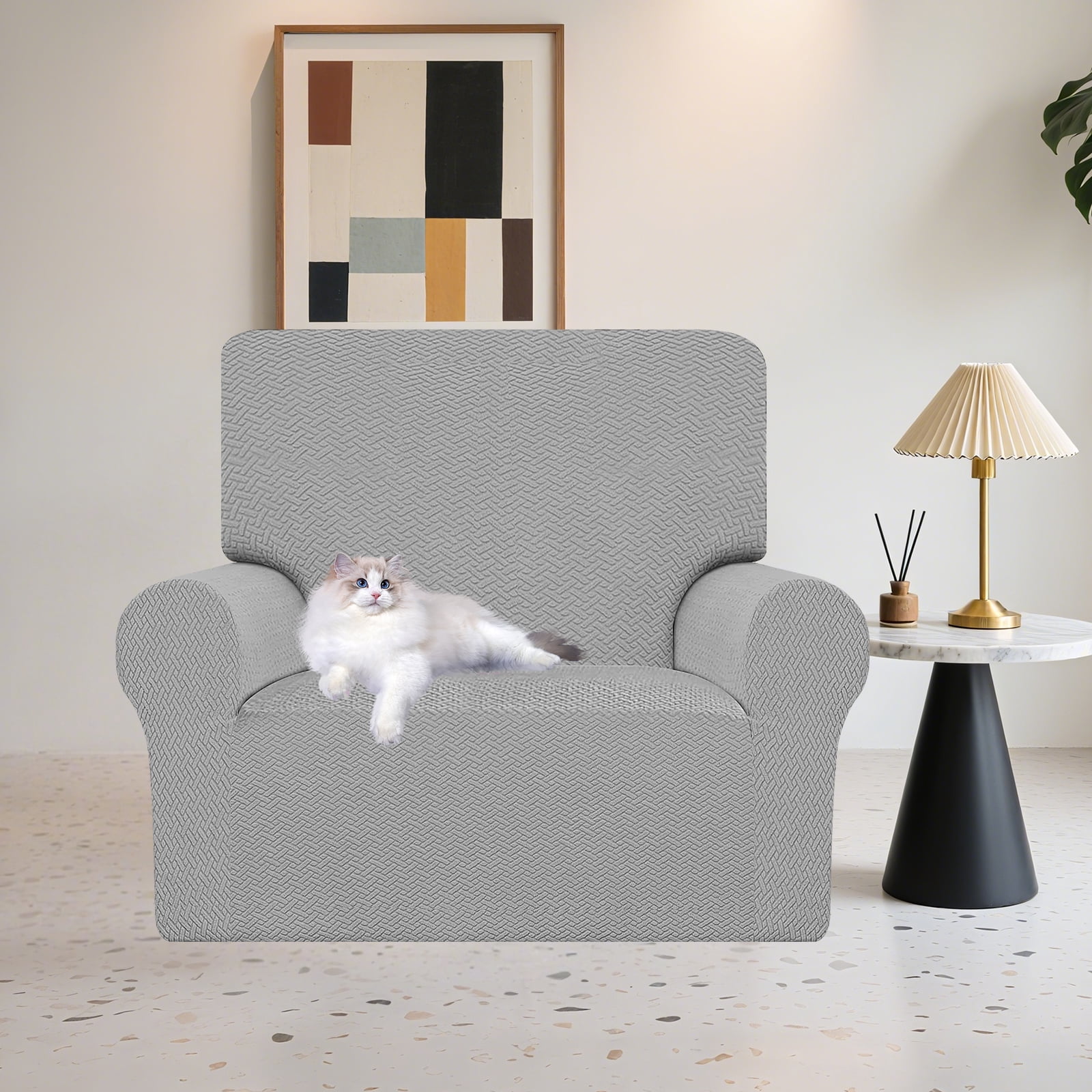 Stretch Single Sofa Slipcover 1 Piece Couch Sofa Cover (35.4"-55") Furniture Protector 1 Seater Sofa with Elastic Bottom for Kids,Pet Dog, Jacquard Pattern, Gray