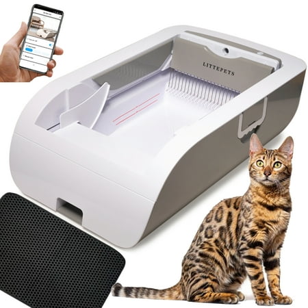 Suhaco Automatic Cat Litter Box Self Cleaning Litter Box Smart Intelligent Sensing Anti-pinch No Scooping Odor Removal APP Control with Hood & Litter Mat Suhaco self-cleaning cat litter box can free your hands and no longer worry about shoveling excrement frequently. You just need to clean up the garbage in the excrement collection bin regularly  and from then on  you can get rid of housework. This product is easy to operate and can be opened with one button  it will be intelligent induction with pet toilet   it will start to deodorize  sterilize  dust after toilet induction. This product can also be connected to the mobile phone to remotely control and detect the operation status of the litter pan. More details: Large space - It has convertible design. The tent can well meet the privacy requirements of cats. And the product is suitable for cats of all sizes. This is very good for multiple cats families. It is easy to solve problems of all cats with an automatic litter basin. Personalization - There are three modes for you to choose: Automatic mode  Quiet sleep mode  Deodorization mode. (Please read the user manual for specific setting methods) Recycle bin design - The cat litter in the recycling bin can be recycled into the cat litter basin and reuse. This can effectively avoid the waste of cat litter and help you save costs. Notice: 1.Not intended for use by disabled  incapacitated older or under six month cats  because it may not get into the litter box or get out of the cat litter box. 2.When you use it for the first time or do not use it for a long time  please charge it 2 hours in advance before starting it. 3.Do not overfill cat litter or the product will not operate properly. 4.This product is only applicable to small particles of cat litter. Do not use crystal sand or long cat litter. Refer to the manual for more functions and related settings. If you encounter problems that cannot be solved  please contact customer service in time. Accessory Name: Automatic cat litter box*1 Power adapter*1 USB power wire*1 Cat litter shovel*1 Litter box liners*20 Cat litter mat*1 (60*45 cm) Manual*1