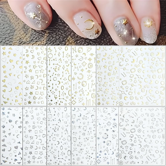 RAGUPEL 12 Sheets Nail Art Stickers, 3D Self-Adhesive Gold Silver Sun Nail Stickers Nail Decals Nail Art Supplies Designs Star Moon Sun - Stars and Moon