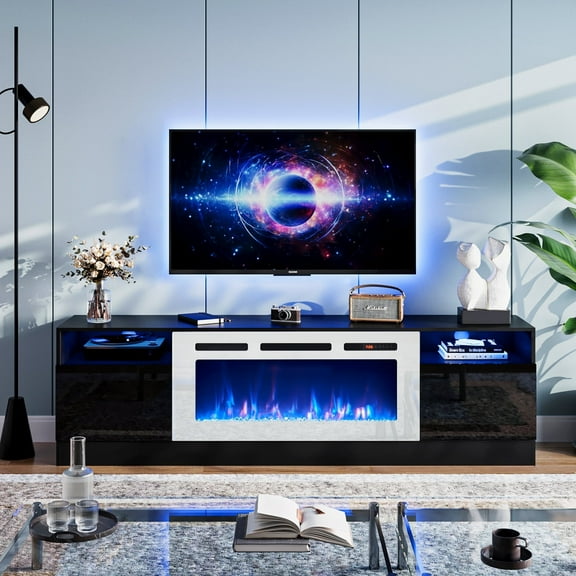 Easoger Fireplace TV Stand for TVs up to 90", 80" TV Stand with 36" Electric Fireplace, With 12 Color LED Lights Entertainment Center, Black