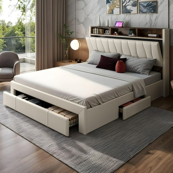 Dextrus 4 Drawers Queen Size Storage Bed Frame with LED Light, Charging Station, No Box Spring Required, Beige