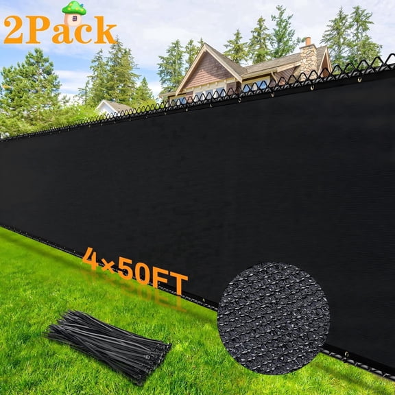 Honeal 4x50ft Privacy Fence Screen, Outdoor Garden Privacy Mesh with Straps & Brass Grommets, Black, 2-Pack for Windproof & 90% Shade Cover
