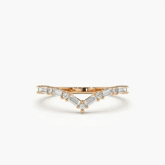 CAUER 18K Rose Gold Plated Baguette & Round Moissanite Chevron Band Ring for Women – Elegant Statement Jewelry Gift with Certificate & Lifetime Warranty