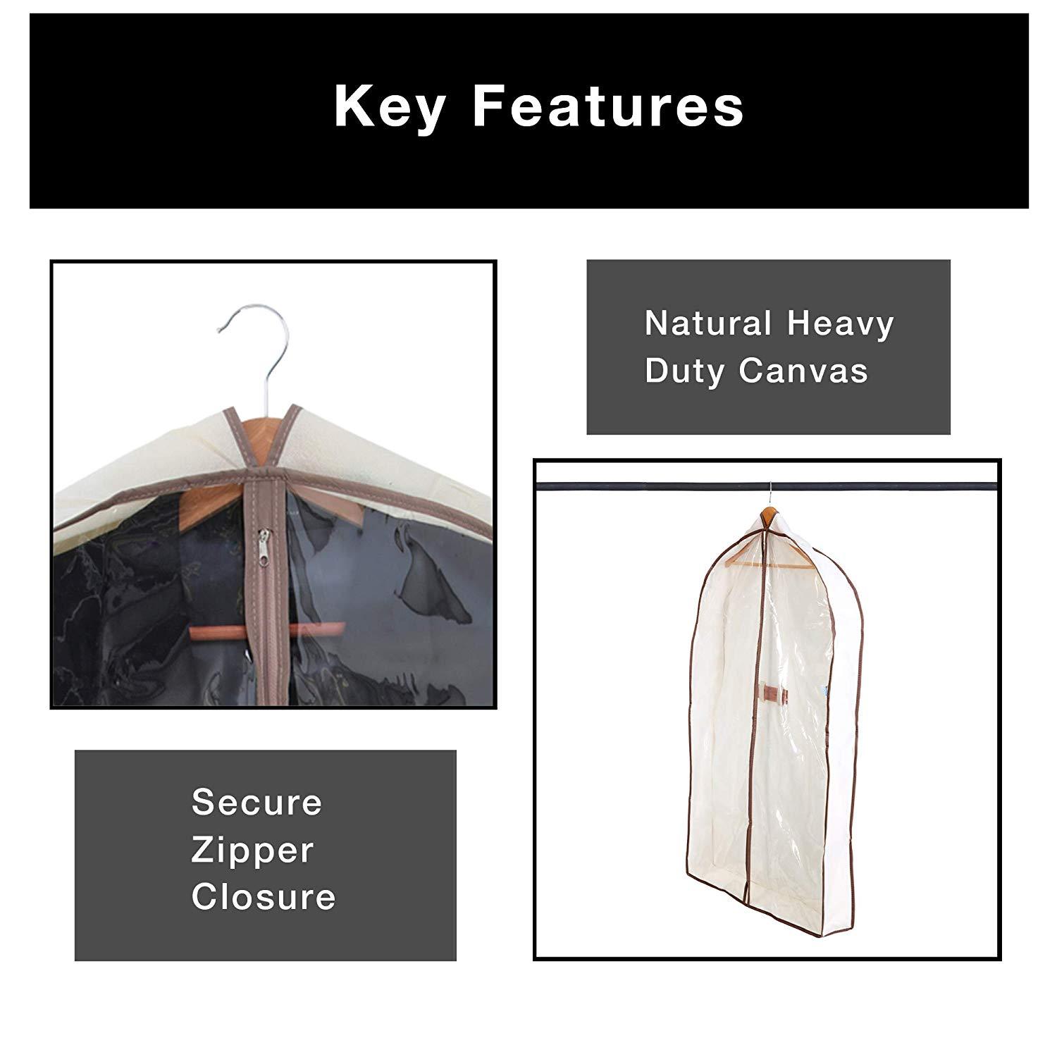 Smart Design Gusseted Garment Bag with Clear Window - Set of 6 - 24 x 62 Inch - Includes Zipper Closure and Travel Loop - Suits, Dresses, and Gowns Storage Organization - Beige