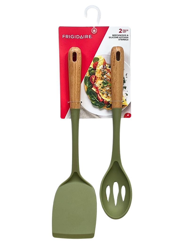 2PC Beechwood and Silicone Utensil Set, Large Turner, Large Slot Spoon, Kitchen Cooking Utensils with Beechwood Handle and Silicone Head