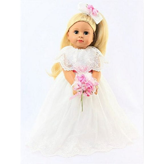 White Lace Wedding Dress With Pink Ribbon | 18 Inch Doll Clothes