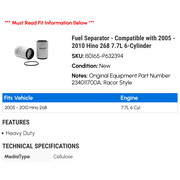 Fuel Separator - Compatible with 2005 - 2010 Hino 268 7.7L 6-Cylinder 2006 2007 2008 2009