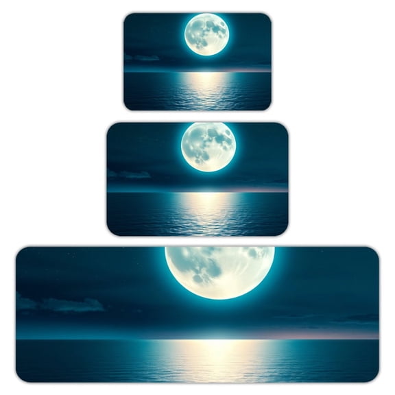 RKSupls Kitchen Rug Set 3 Piece Anti-Slip Flannel Floor Mats, Moon Sea Reflection Washable Absorbent Runner Mats for Kitchen Bathroom Home Decor