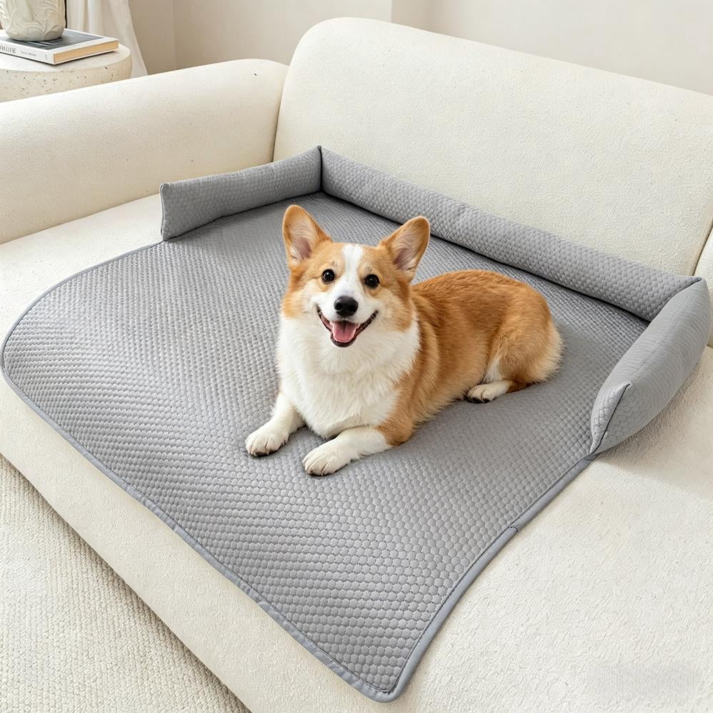 COM1950s Washable Pet Sofa Mat for Cats and Dogs, Cooling Breathable Couch Cover, 3-Sided Bolster Furniture Protector, Soft Multi-Use Mat for Sofa Floor or Pet Bed