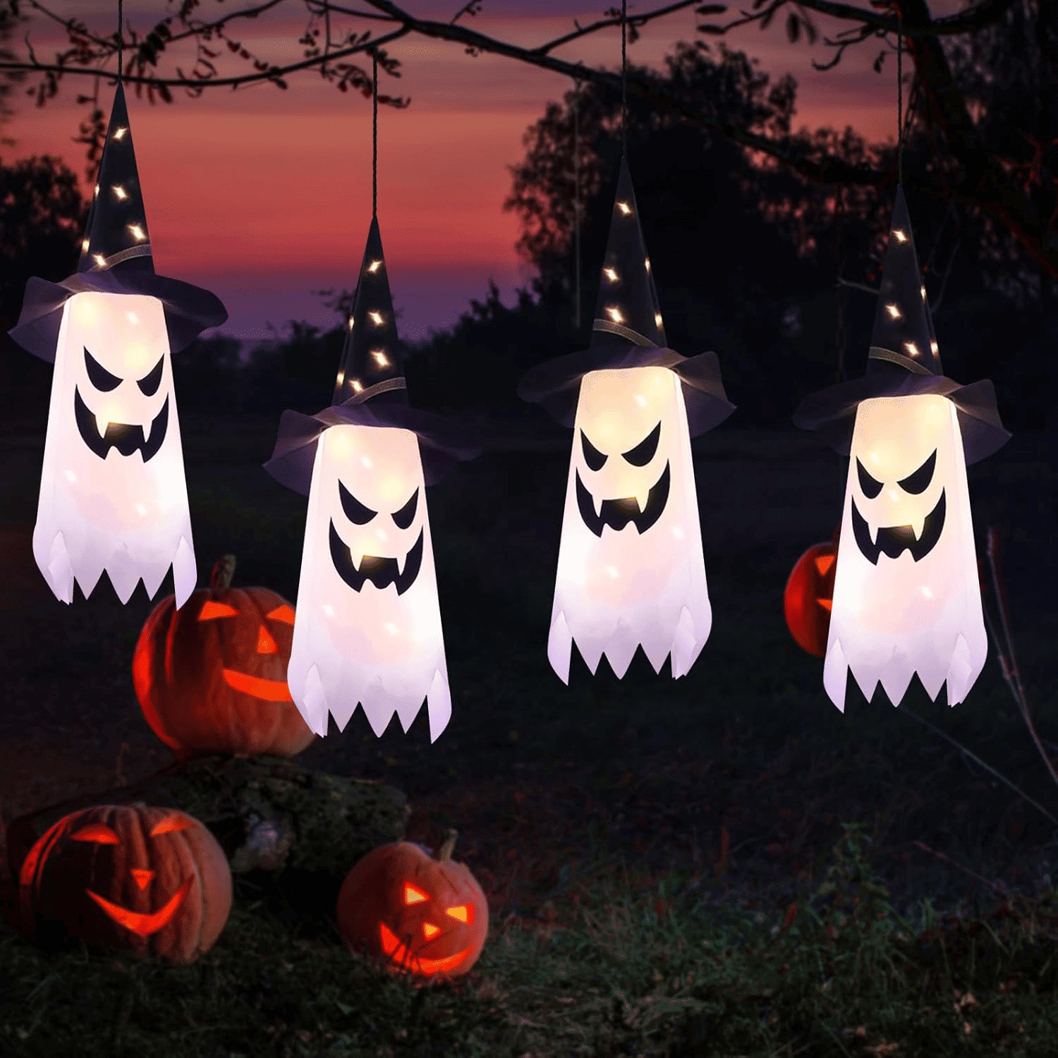 4 Pack Hanging Glowing Ghost Witch Hat String Lights with 3 Flash Modes