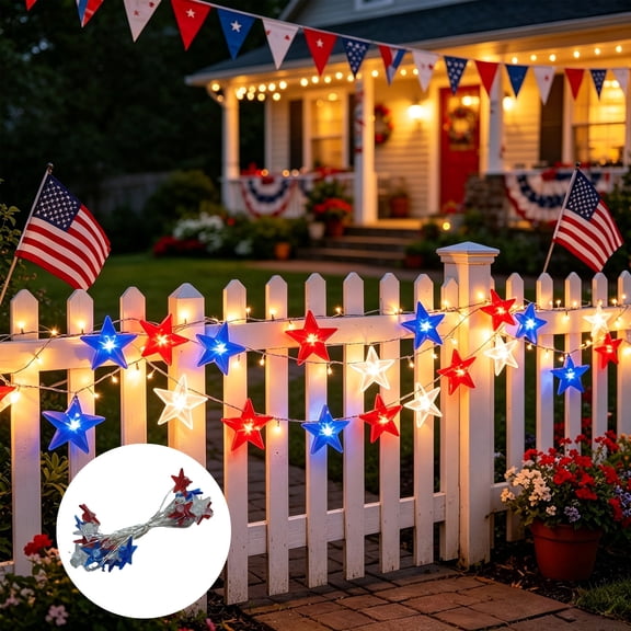 Yhmxh Red White Blue Star String Lights, Patriotic 4th of July LED Fairy Lights, Waterproof American Flag Star Lights for Independence Day, Memorial Day, Outdoor Patio, Porch, Party Decorations
