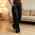 thumbnail image 5 of CHGBMOK Plus Size Women's Satin Pants Ruffled Waistband Wide Leg Pants High and Elastic Waist Trousers with Pockets, 5 of 8