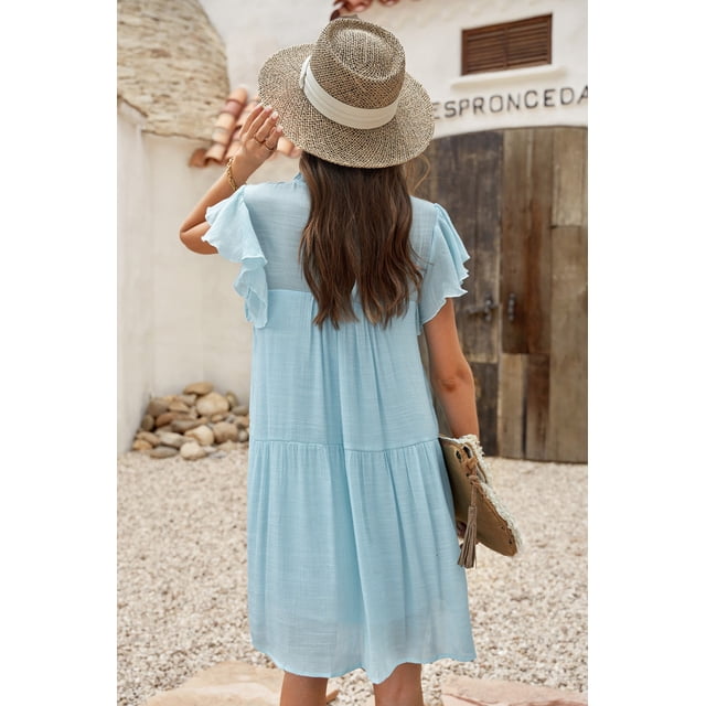 ABPHQTO Minivestido azul cielo con bolsillos y volantes en el cuello con volantes para mujer