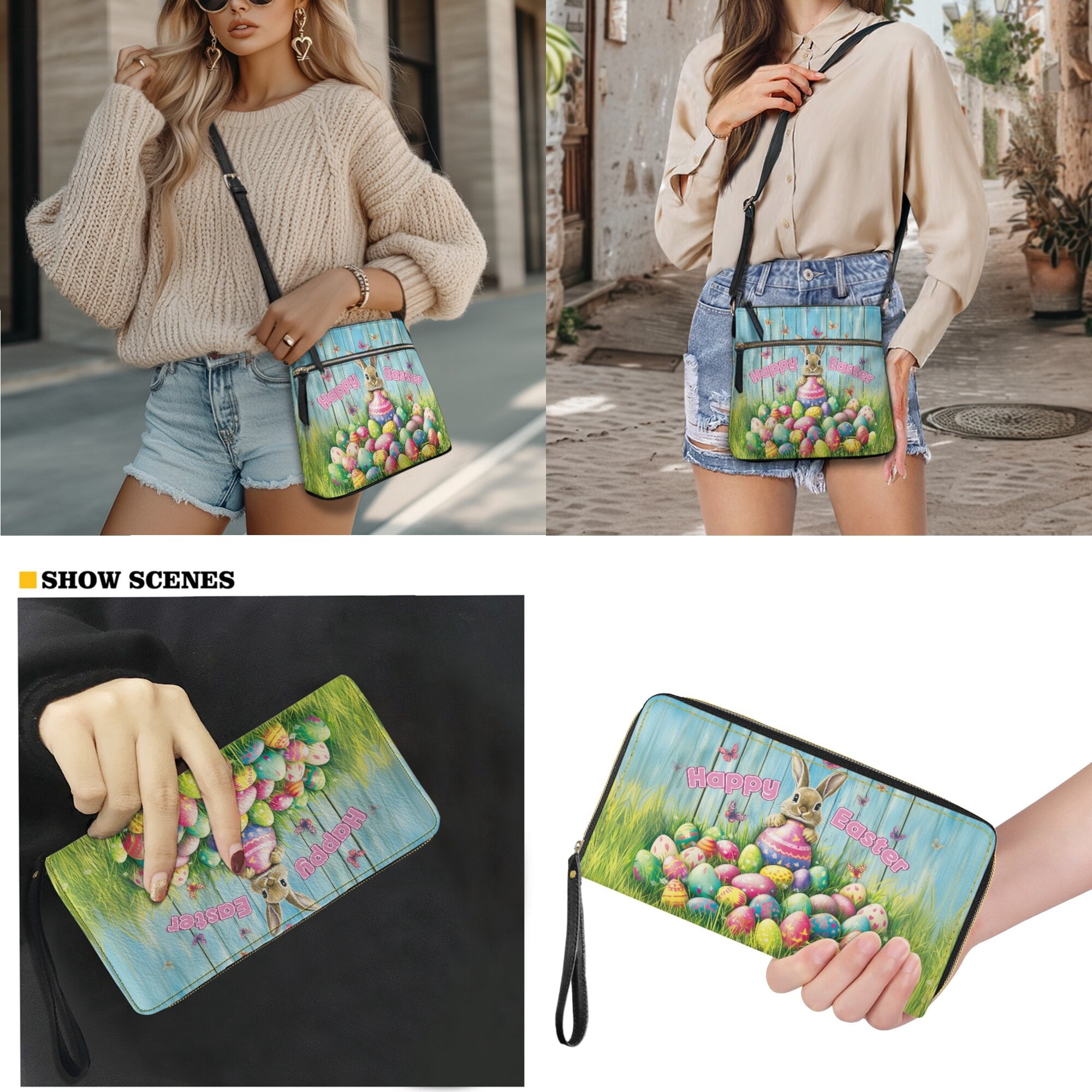 LedBack Rabbit Crossbody Satchel Purse and Wallet Set for Women, PU Leather Easter Eggs Hobo Bag Sling Shoulder Purse Multi Pocket Messenger Purse Wallet Set, Blue (Happy Easter)