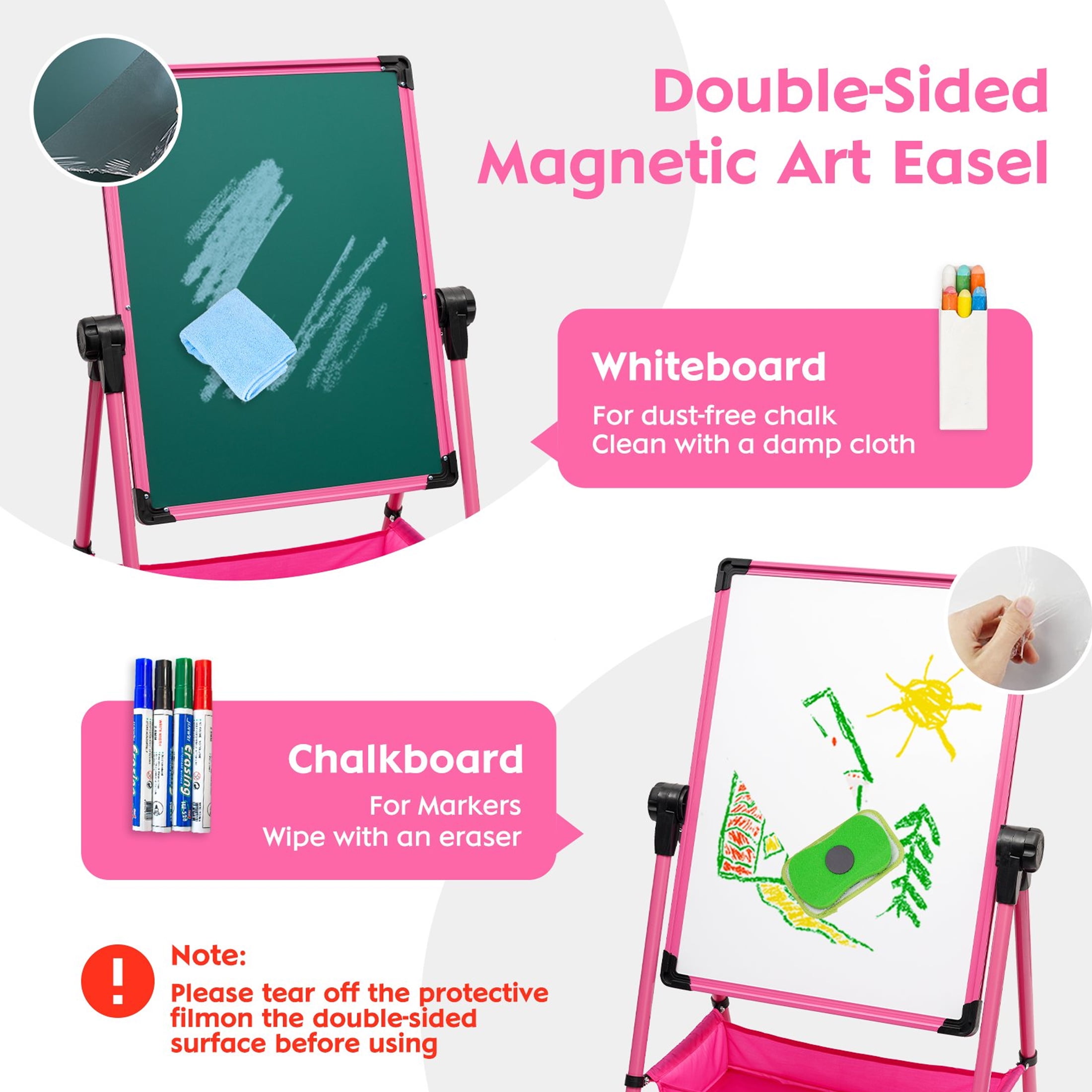 Ealing 360°Rotating Art Easel for Kids Over 3 Years Old,Height Adjustable  with 29.5"-44",Pink