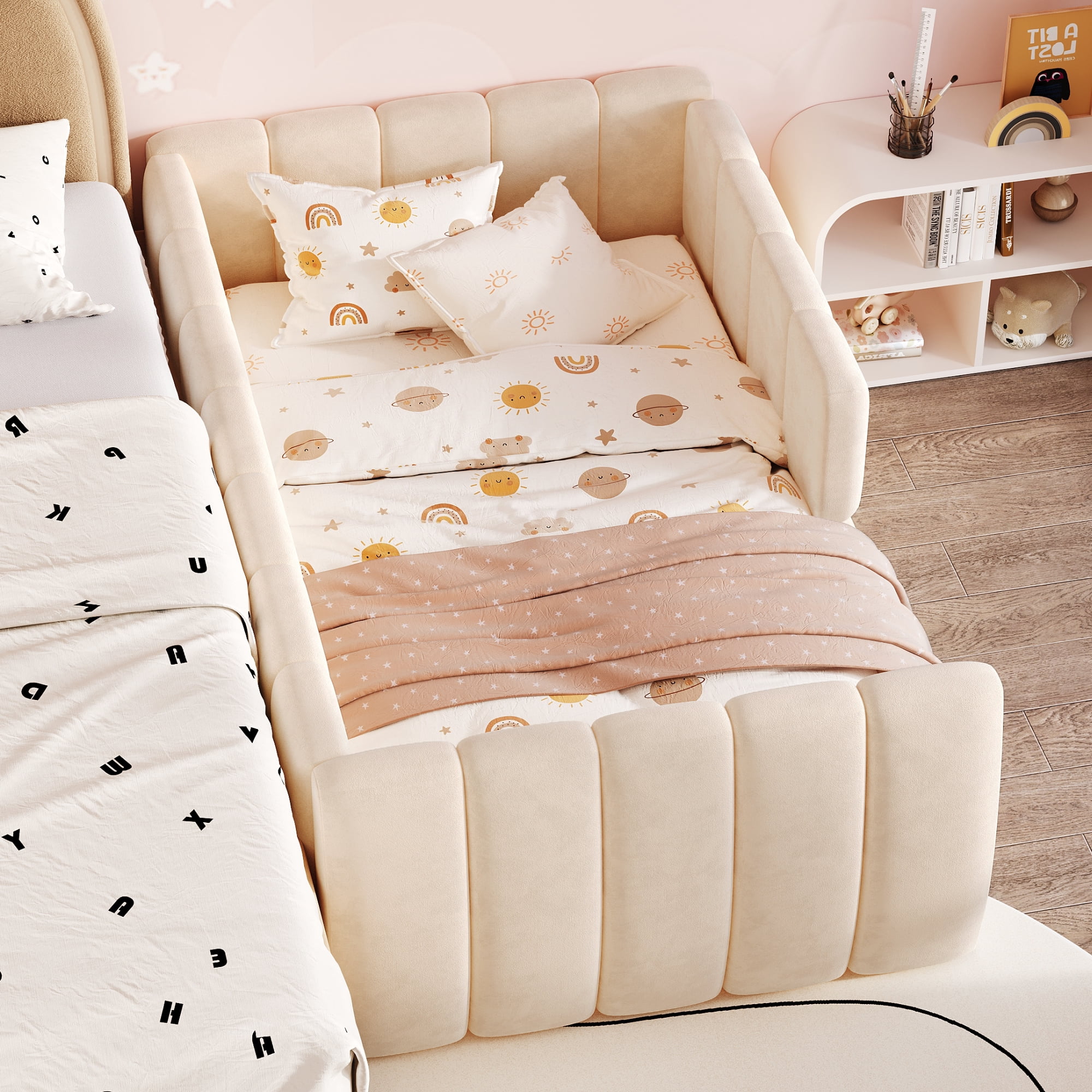 Euroco Upholstery Toddler Floor Bed with Guardrails, Beige