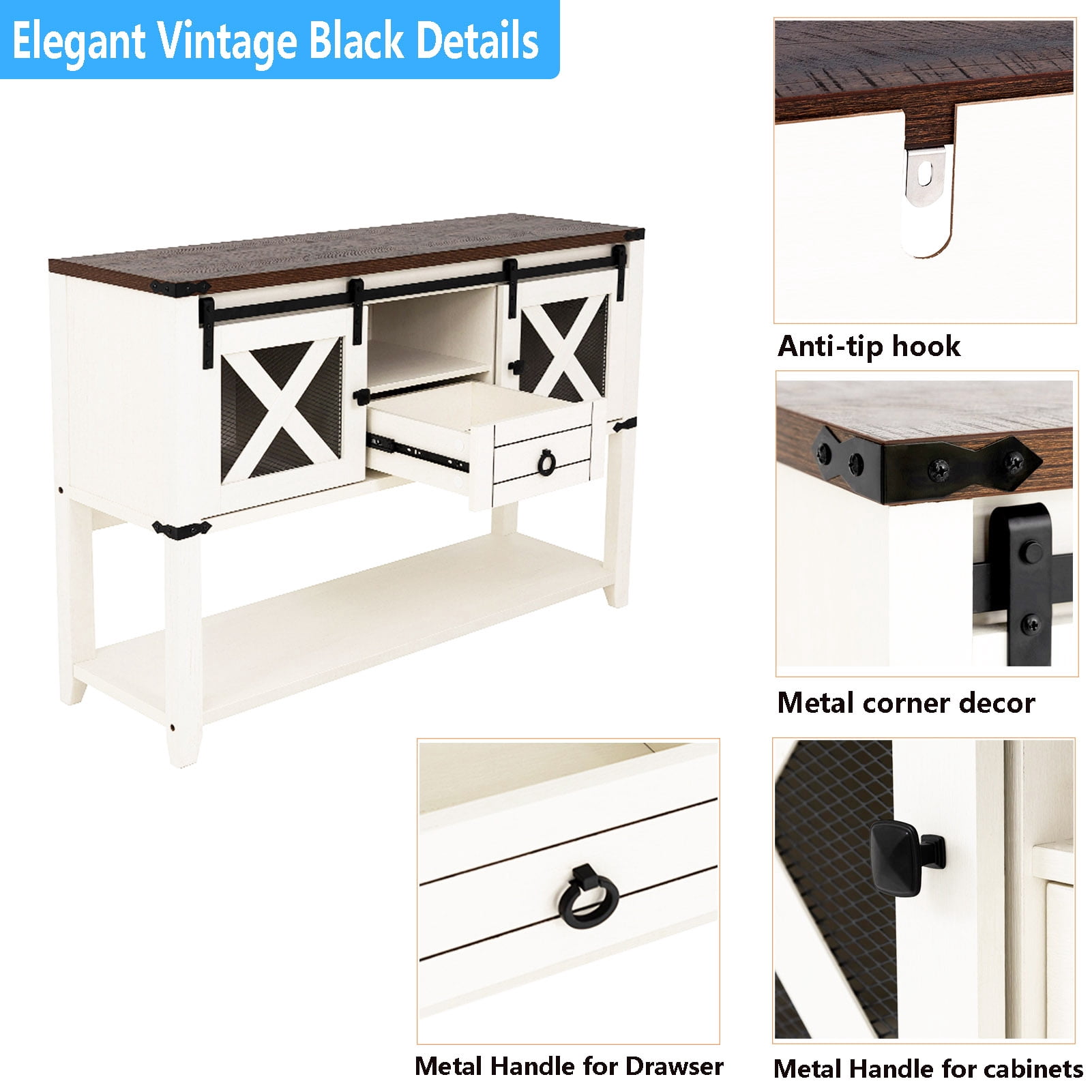 ANPOO Rustic Sofa Table, Large Console Table Entryway Table with 2 Barn Door Cabinets & 1 Drawer for Living Room