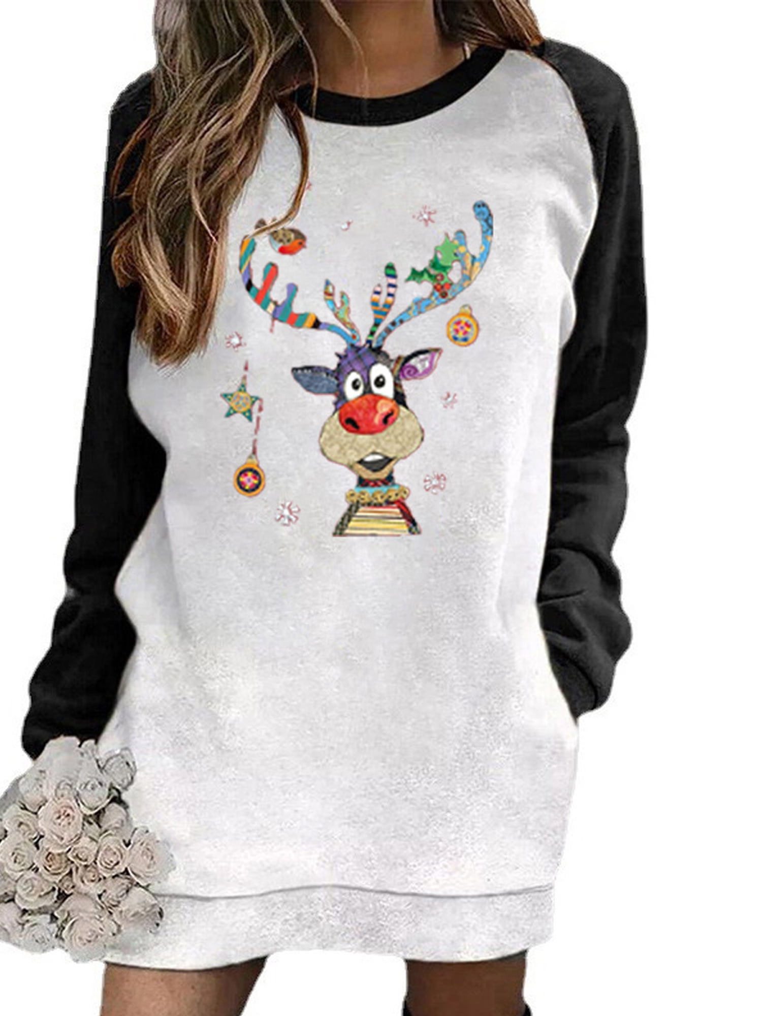 Wsevypo Women Casual Christmas Deer Print Sweater Dress Long Sleeve Round Neck Dress with Pockets, Women's, Size: 2XL, Black