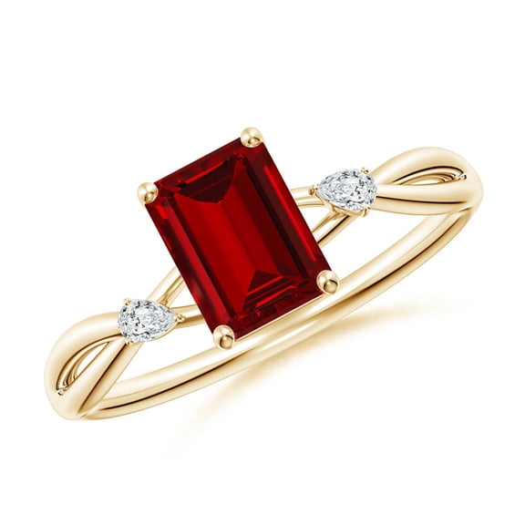 ANGARA Lab Grown 1 Ct Nature Inspired Ruby Side Stone Engagement Ring for Women in 14K Yellow Gold (Size-7x5mm) | July Birthstone, Anniversary, Jewelry Gift for Women | Lab-Grown Ruby Ring