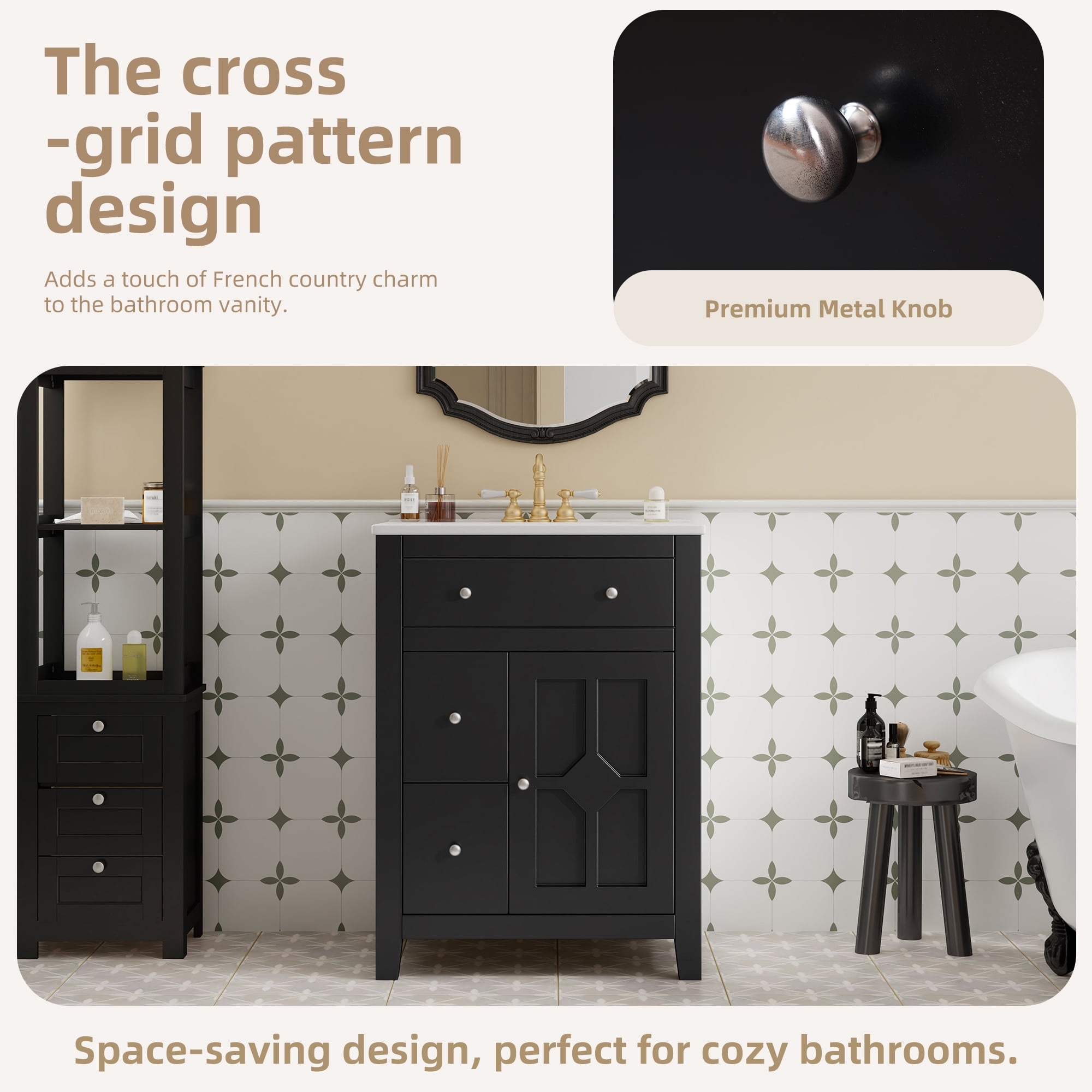 Harper & Bright Designs 24" Small Bathroom Vanity Set, Modern Bathroom Cabinet Freestanding with Drawers, Single Sink Bathroom Vanity, Black