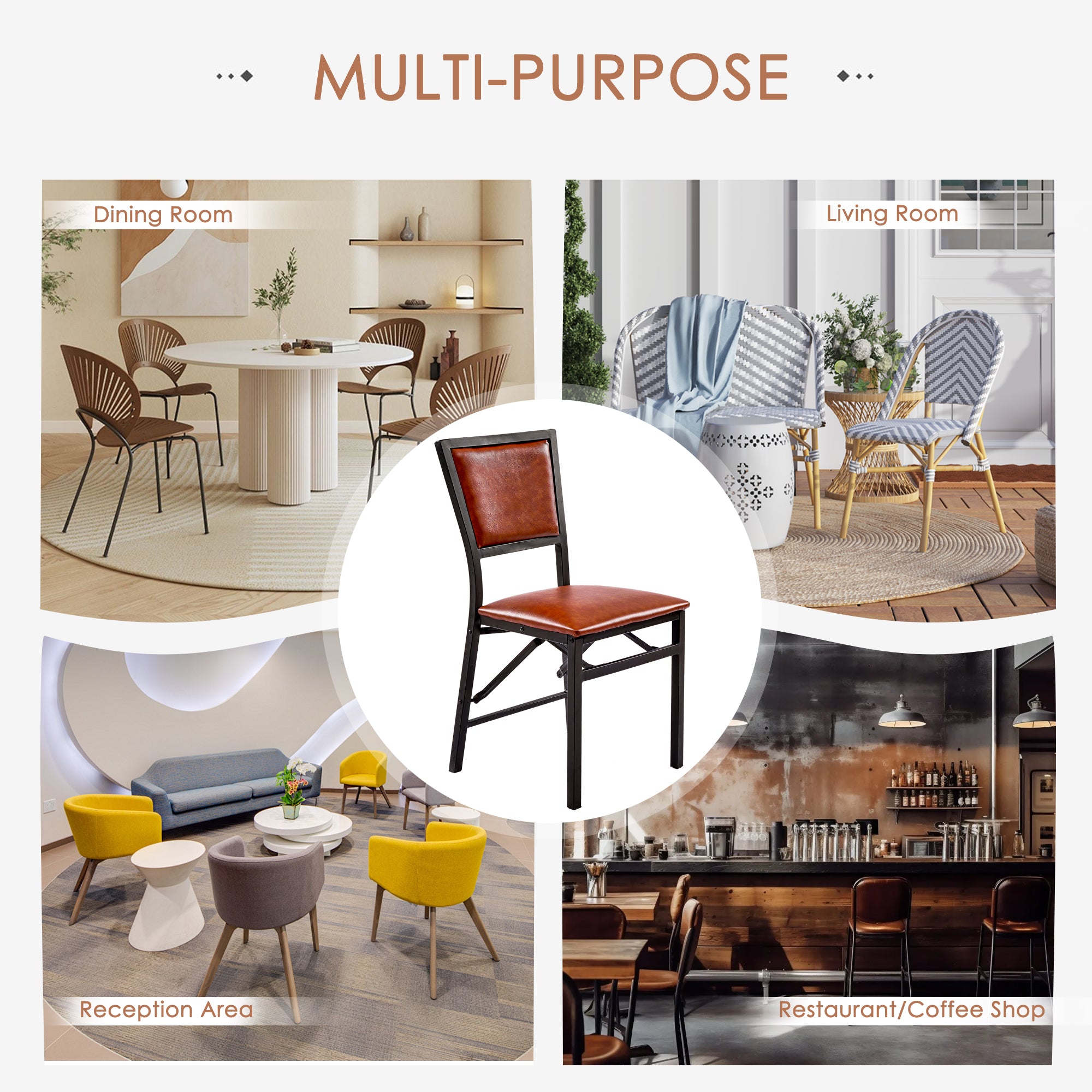 VECELO Set of 6 Metal Folding Chairs, High Back PU Upholstered Dining Chairs with Metal Frame, Modern Style Folding Chairs for Kitchen, Dining Room, Space Saving Design, Brown