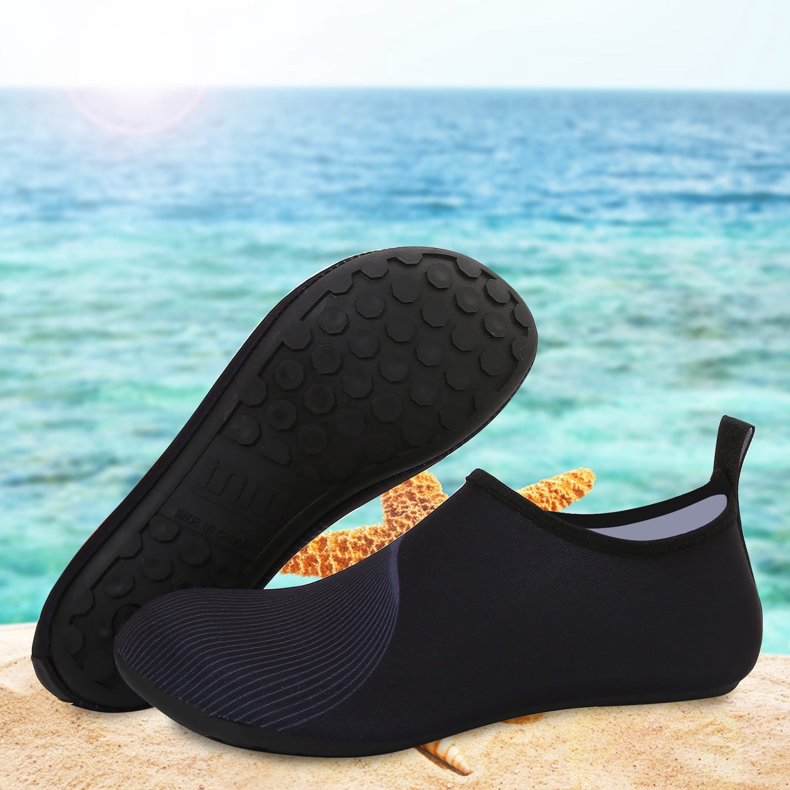 Men and Women a Slip On Barefoot Quick-Dry Beach Aqua Yoga Water Shoes (Curved Line/Black, 4-5 Women)
