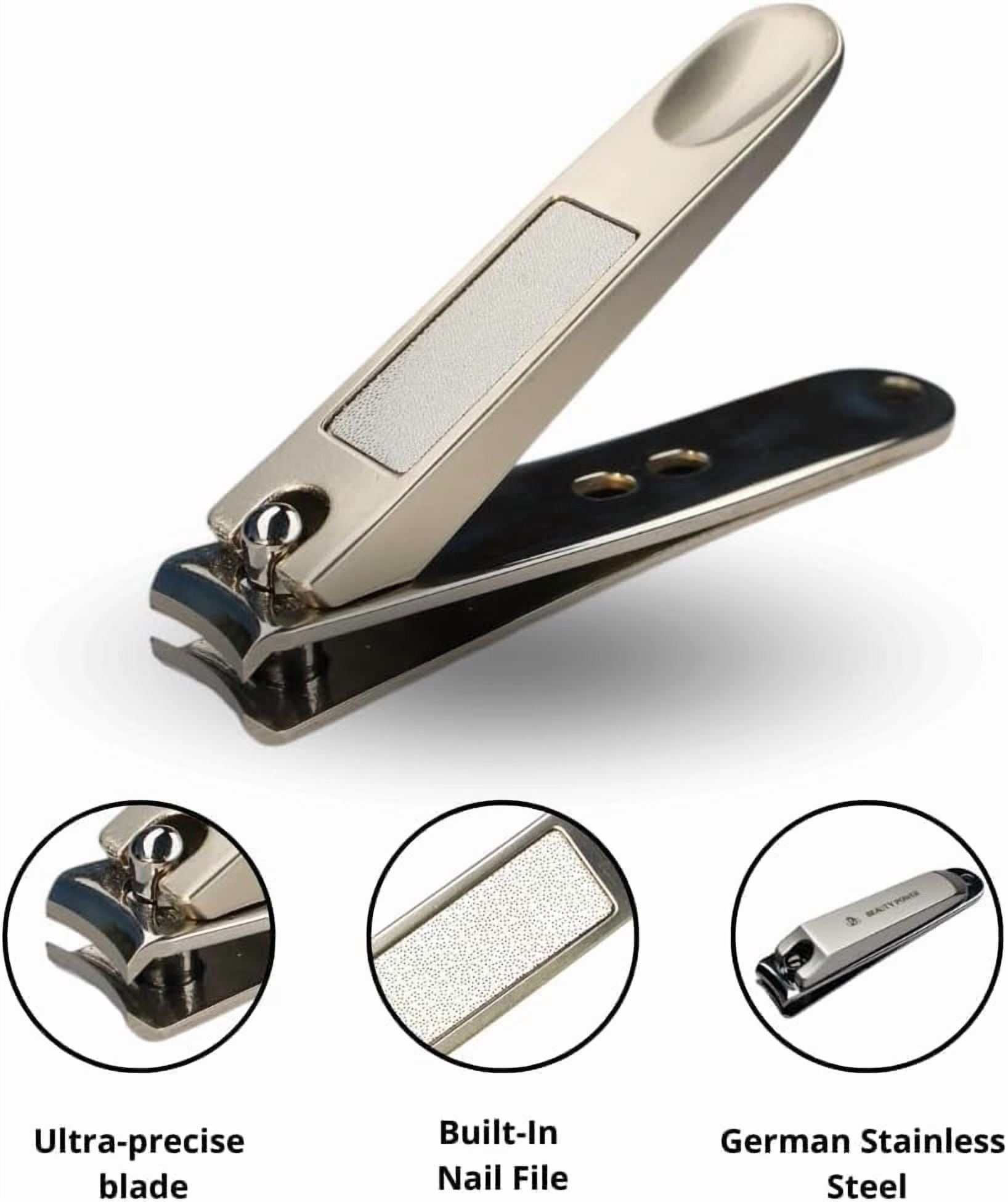 Beauty Power Manicure Pedicure Set 7-in-1 Stainless Steel, Ultra Sharp, Slanted Nail Clipper, Fingernail Clipper, Cuticle Nipper, Glass Nail File, Eyebrow Tweezers, Scissors, Case - Gift - Pink